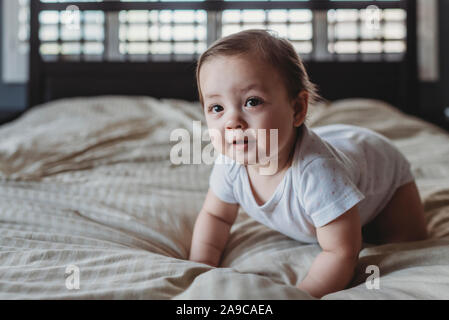 Happy 8 mo old girl crawling on bed with squares of light from window Stock Photo