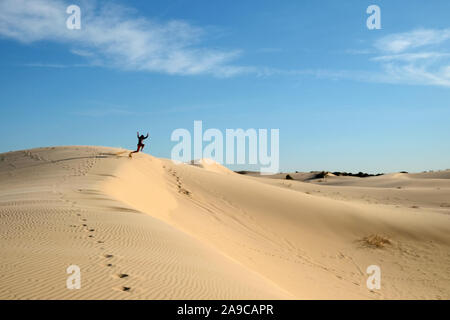 Man jumping off sand dune in daytime at monahans sandhills state park Stock Photo