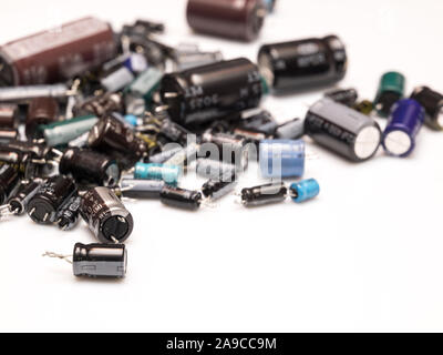 electrolitics capacitors isolated in white background selective focus Stock Photo