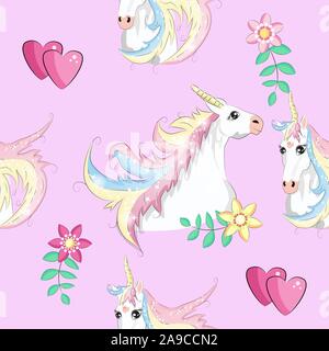 Cute unicorns seamless pattern. Kids pattern with unicorns, flowers, balloons, clouds and rainbow Stock Vector