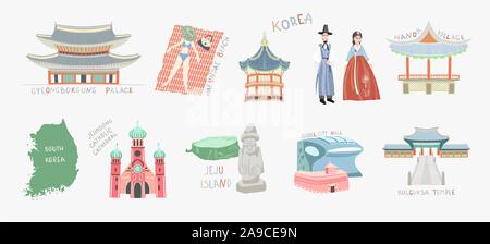 set of doodle vector illustration - sights of South Korea travel collection Stock Vector