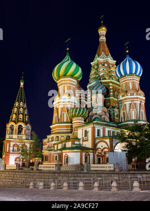 A night-time view of the historic St. Basils Cathedral in the city of Moscow, Russia. Stock Photo