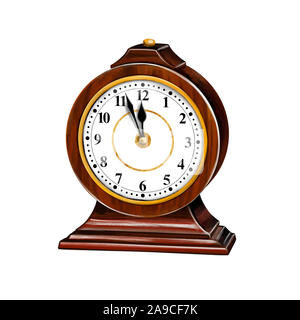 antique wooden clock, interior detail art illustration painted with watercolors isolated on white background. Stock Photo