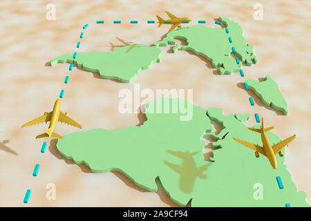 3d Traveling around the world by plane. 3d illustration. Traveling around the world by plane. World Travel concept Stock Photo