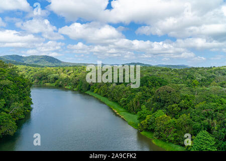 The Australian rainforest in the north of Australia near Cairns with green mountains and blue skies are white clouds Stock Photo