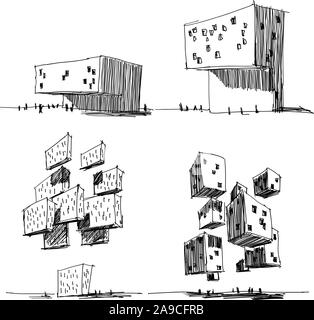 four hand drawn architectectural sketches of a modern abstract architecture and futuristic flying and levitating building Stock Vector