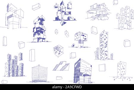 many hand drawn architectectural sketches of a modern abstract architecture nad geometric objects and urban ideas and drafts Stock Vector