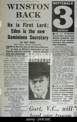 'Winston Back' headline in The Daily Express (replica), 4th September 1939, the day after World War II was declared. Stock Photo