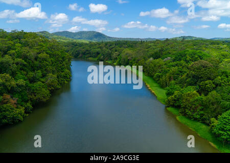 The Australian rainforest in the north of Australia near Cairns with green mountains and blue skies are white clouds Stock Photo