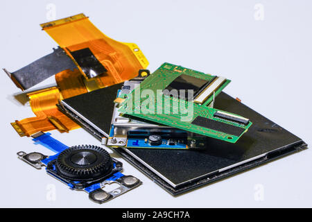 digital camera replacement parts, display, control cursor, chips, and cables Stock Photo