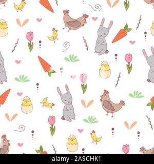 Handdrawn easter seamless pattern with bunny, carrot, chiken, vector illustration Stock Vector