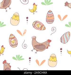 Handdrawn easter seamless pattern with egg, chiken and hen , vector illustration Stock Vector