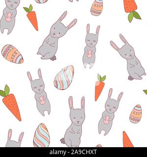 Handdrawn easter seamless pattern with bunny, carrot and decorative eggs, vector illustration Stock Vector