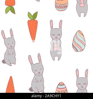 Handdrawn easter seamless pattern with bunny, carrot and decorative eggs, vector illustration Stock Vector