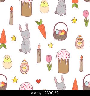 Handdrawn easter seamless pattern with bunny, carror, eggs and chiken , vector illustration Stock Vector