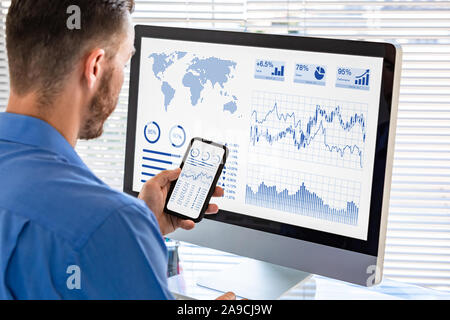 Analyst working on business analytics dashboard for financial investment on stock market exchange, analyzing metrics and KPI (Key Performance Indicato Stock Photo