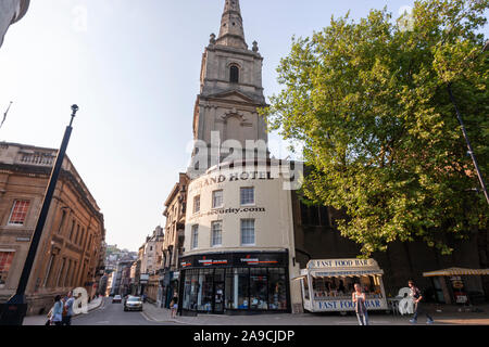Christ Church with St Ewen and Gran Hotel sign in a rounded facade building, Broad St, Bristol, England, UK Stock Photo
