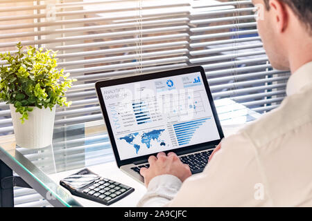 Business analytics dashboard with sales performance and operations data with professional executive analyzing KPI and metrics about revenue. BA or BI Stock Photo
