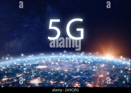 5G mobile internet telecommunication network with high speed wireless data connection technology for smartphones and IoT. Fifth generation system depl Stock Photo