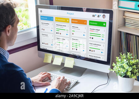 Manager working with agile product development using scrum or kanban methodology, lean project management framework with iterative or incremental stra Stock Photo