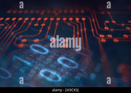 Abstract technology background with digital data binary code and electronic circuit board (PCB) microchip processing information signal, hi-tech and r Stock Photo