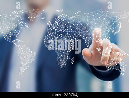 Global business and finance concept with businessman touching world map with connected dots in network architecture for telecommunication, internet of Stock Photo