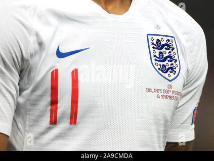 Close up of England's Marcus Rashford shirt with the number '1215' under the badge during the UEFA Euro 2020 Qualifying match at Wembley, London. Stock Photo