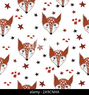 Seamless fox pattern with cute trees, stars and abstract shapes. Cute Scandinavian Style Stock Vector