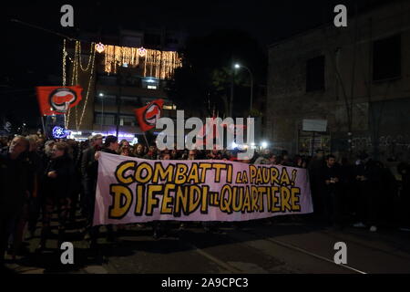 Rome, Italy - November 14, 2019: The demonstration in the Centocelle district where residents took to the streets following incendiary attacks on businesses Stock Photo
