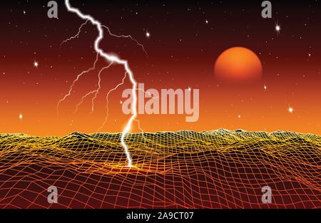 Retro 80s styled futuristic landscape with neon sun or moon and lightning in digital space with shiny grid Stock Vector