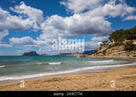 The view from El Portet Beach, also known as Playa del Portet or Cala El Portet in Moraira, the Costa Blanca region of Spain. Stock Photo