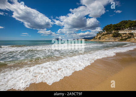 The view from El Portet Beach, also known as Playa del Portet or Cala El Portet in Moraira, the Costa Blanca region of Spain. Stock Photo