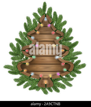 wooden christmas tree with pine branches and colorful lights Stock Photo