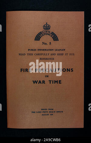 'Fire Precautions in War Time' public information leaflet, a piece of replica memorabilia from the Blitz era of the 1940s. Stock Photo