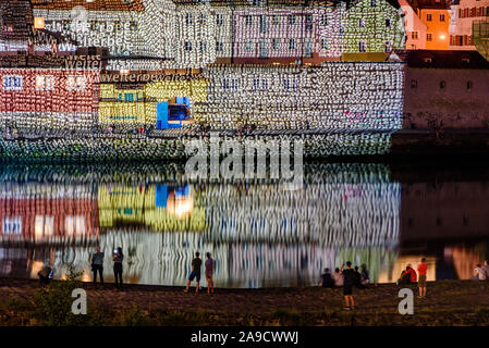 Old town of Regensburg in a very special light on 'Welterbetag' (World Heritage Day) Stock Photo