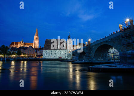 Old town of Regensburg in a very special light on 'Welterbetag' (World Heritage Day) Stock Photo