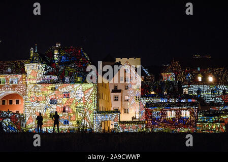 Old town of Regensburg in a very special light on 'Welterbetag' (World Heritage Day) Stock Photo