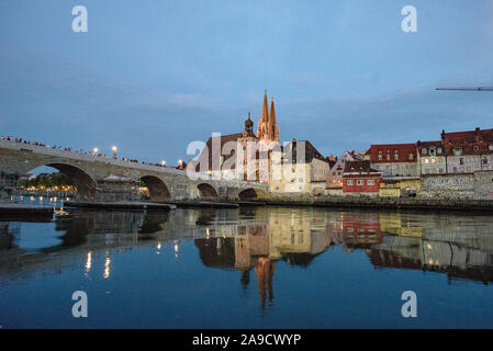 Old town of Regensburg in a very special light on 'Welterbetag' (World Heritage Day) Stock Photo