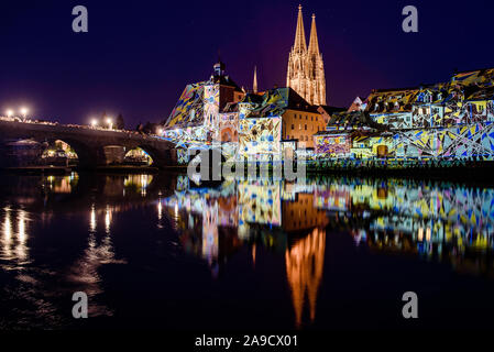 Old town of Regensburg in a very special light on 'Welterbetag' (World Heritage Day) Stock Photo