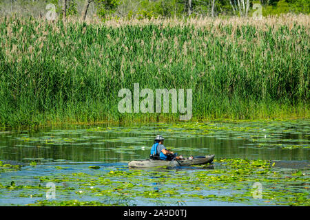 Recreational kayak and canoe boaters on the Au Sable River in the Pinery Provincial Park near Goderich Ontario Canada Stock Photo