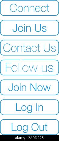 Blue set of web buttons for connect, join us, contact us, follow us, lof in and log out. Stock Vector illustration isolated Stock Vector