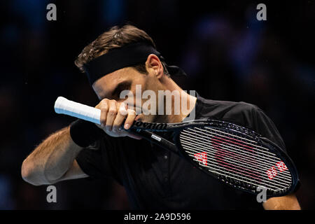 London, UK. 14th Nov, 2019. Roger Federer of Switzerland plays against Novak Djokovic of Serbia on Day five of the Nitto ATP World Tour Finals at The O2 Arena on November 14, 2019 in London, England Credit: Independent Photo Agency/Alamy Live News Stock Photo