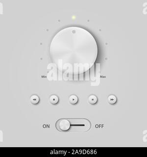 Realistic White Plastic Panel Media Audio Player with Knob, Control, Buttons, Set. Design Template of Circular Processing, Power Volume Playback, On Stock Vector