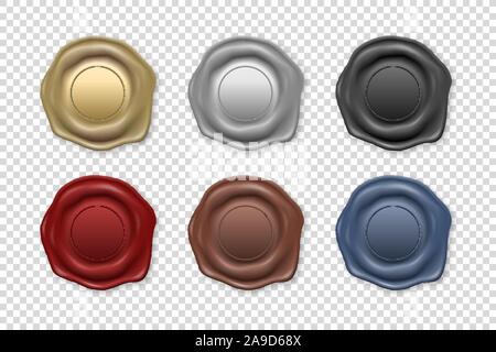 Vector 3d Realistic Vintage Retro Stamp Wax Seal Icon Set Closeup Isolated on Transparent Background. Design Template of Sealing Wax or Stamps, Labels Stock Vector