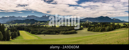 Panorama of the Allgäu landscape with the Alps near Füssen Stock Photo