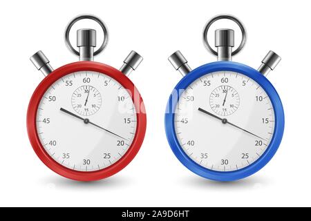 Realistic Red and Blue Classic Stopwatch Icon Set Closeup Isolated on White Background. Stop-watch Design Template. Sport Timer on Competitions. Start Stock Vector