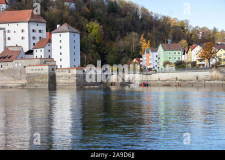 Confluence of the rivers Iltz, Inn and Danube in Passau, Germany Stock Photo