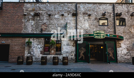 Dublin, Ireland - February 16, 2019: Architectural detail of the old Irish whiskey distillery of the commercial brand Jameson on a winter day Stock Photo