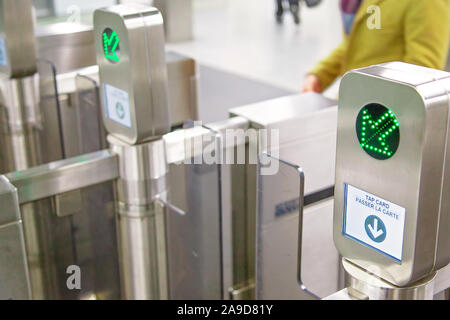 Toronto TTC Metrolinx Presto machines at a busy Bloor and Yonge station.  A contactless smart card is used to gain access to public transportation. Stock Photo