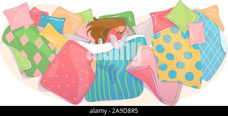 Pillows and blankets cover design, textile shop banner. Girl sleeping in cozy bed linen concept. Bedding set template. Web background of fabric pattern. Dream card, top view. Flat vector illustration. Stock Vector